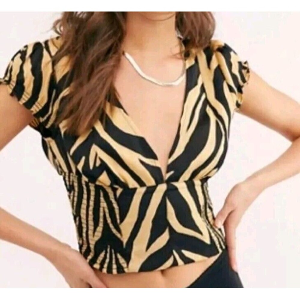 Free People Babydoll Blouse Womens L Y2K Silky Show Me Love V-neck Tiger Ruched